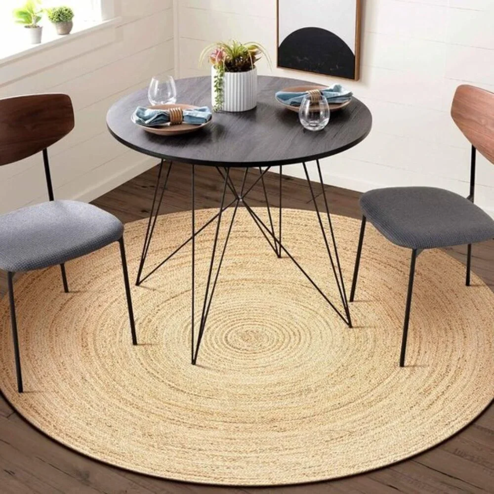 New 5’ Round Hand-Woven Jute Rug, Natural Reversible Boho Braided Floor Carpet